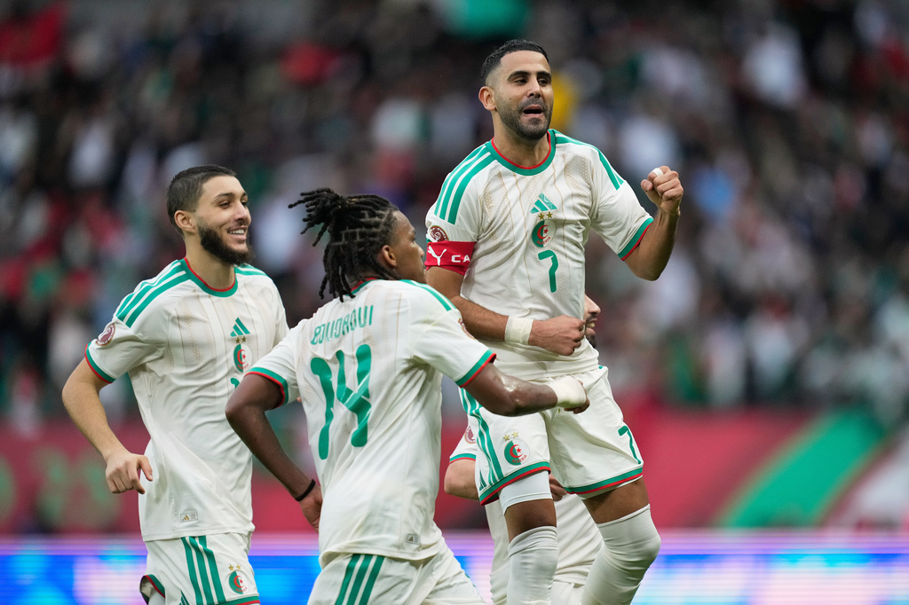 FILE - Algeria's Riyad Mahrez celebrates after scoring his side's second goal during the Africa Cup of Nations group E soccer match between Algeria and Sudan in Rabat, Morocco, Wednesday, Dec. 24, 2025. (AP Photo/Mosa'ab Elshamy, File)
