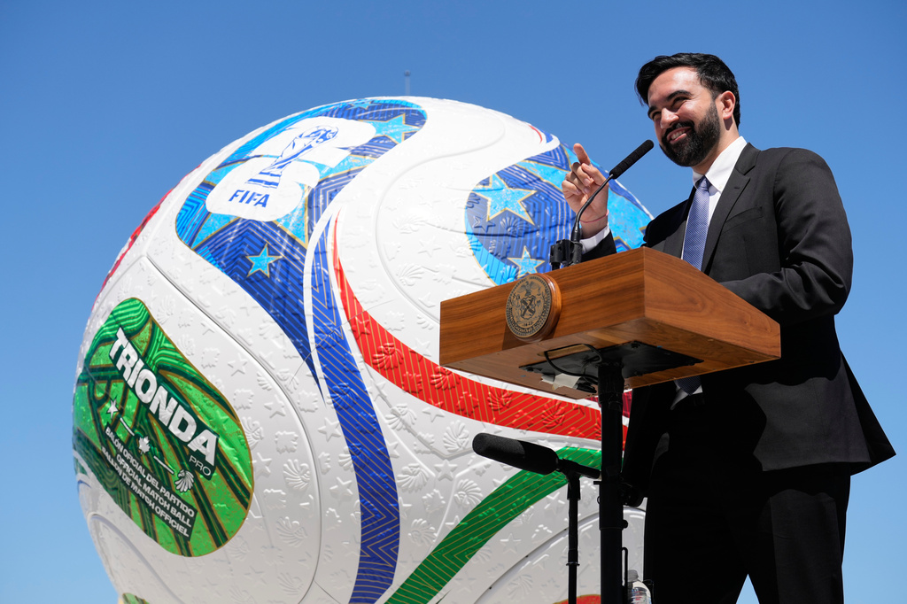 New York City Mayor Zohran Mamdani speaks in front of a large soccer ball during a news conference in the Staten Island borough of New York, Monday, April 27, 2026. (AP Photo/Seth Wenig)