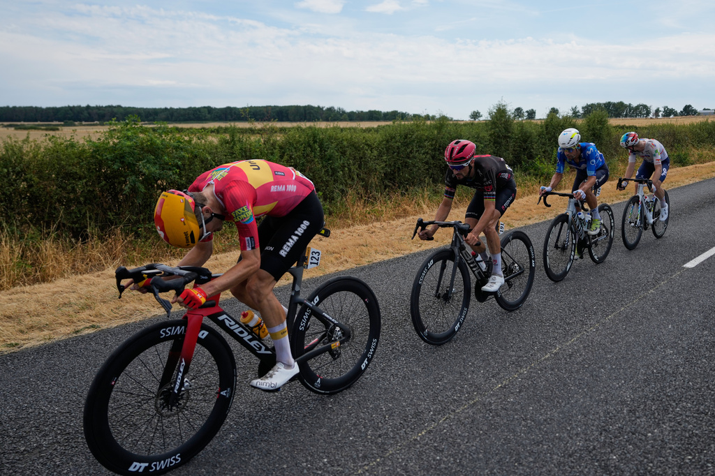 The break away rides during the eleventh stage of the Tour de France cycling race with start in Vichy and finish in Nevers, France, Wednesday, July 15, 2026. (AP Photo/Mosa'ab Elshamy)