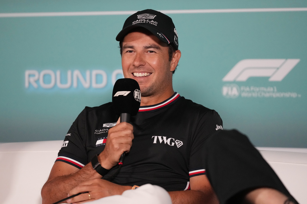 Cadillac driver Sergio Perez, of Mexico, speaks during a news conference at the Miami Formula One Grand Prix auto race, Thursday, April 30, 2026, in Miami Gardens, Fla. (AP Photo/Lynne Sladky)