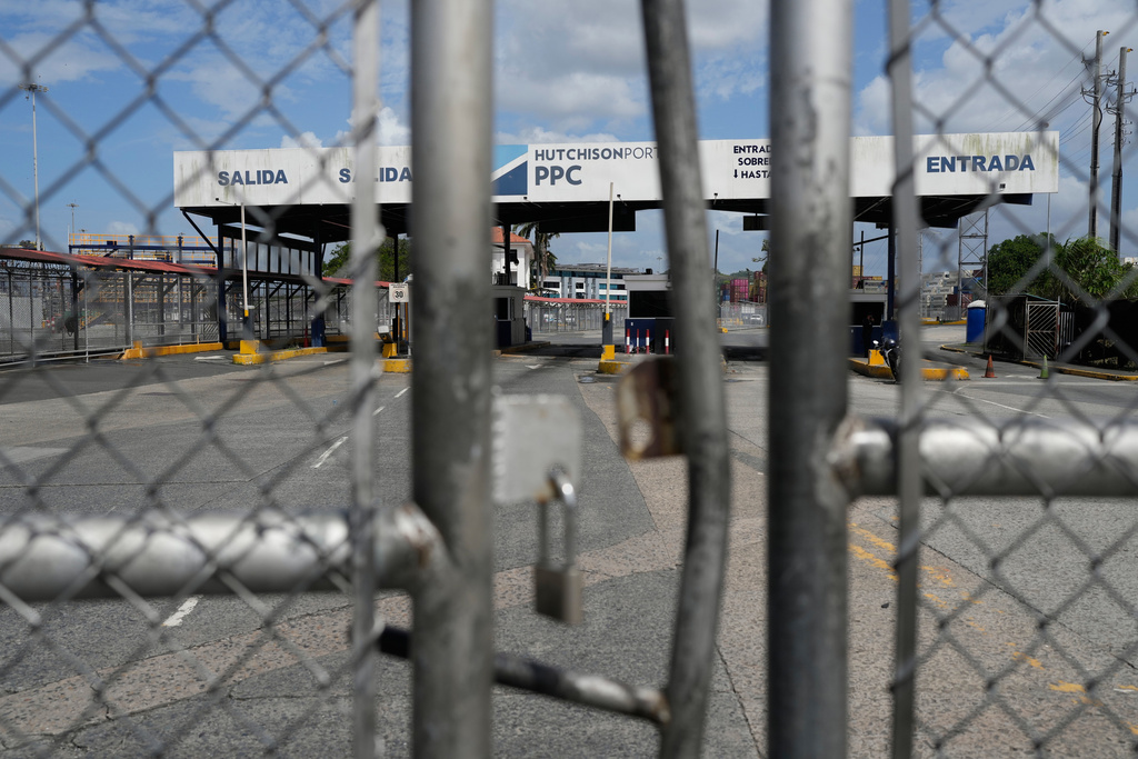An entrance to the Balboa terminal, run by CK Hutchison's Panama Ports Co., is closed after Panama government ordered the occupation of the port following a Supreme Court ruling that the concession was unconstitutional in Panama City, Monday, Feb. 23, 2026. (AP Photo/Matias Delacroix)