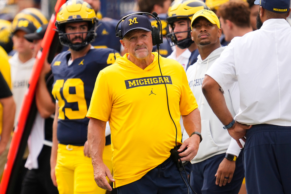 Michigan head coach Kyle Whittingham watches against Oklahoma in the first half of an NCAA college football game Saturday, Sept. 12, 2026, in Ann Arbor, Mich. (AP Photo/Paul Sancya)