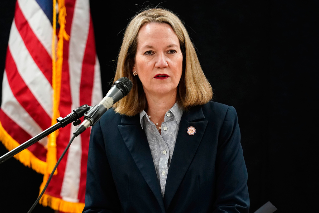 FILE - Arizona Attorney General Kris Mayes speaks at the Arizona State Prison, March 19, 2025, in Florence, Ariz. (AP Photo/Darryl Webb, File)