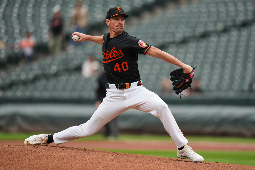 Baltimore Orioles starting pitcher Chris Bassitt (40) delivers during the first inning in the first baseball game of a doubleheader against the Toronto Blue Jays, Wednesday, Sept. 23, 2026, in Baltimore. (AP Photo/Stephanie Scarbrough)
