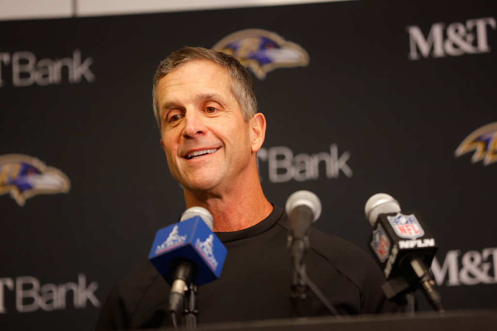 Baltimore Ravens head coach John Harbaugh talks to reporters after an NFL football game against the Minnesota Vikings, Sunday, Nov. 9, 2025, in Minneapolis. (AP Photo/Bruce Kluckhohn)