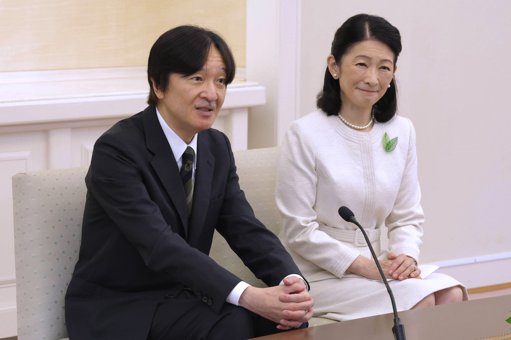Japan's Crown Prince Akishino and Crown Princess Kiko attend a news conference in Tokyo, Thursday, Aug. 13, 2026, ahead of their visit to Paraguay. (Japan Pool/Kyodo News via AP)
