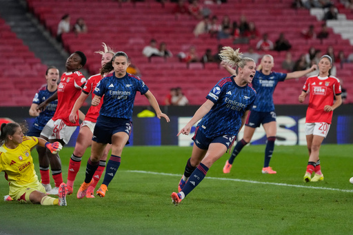 Arsenal's Alessia Russo, centre, celebrates after scoring her side's second goal during the women's Champions League opening phase soccer match between SL Benfica and Arsenal at the Luz Stadium, in Lisbon, Portugal, Thursday, Oct. 16, 2025. (AP Photo/Armando Franca) Arsenal's Alessia Russo, centre, celebrates after scoring her side's second goal during the women's Champions League opening phase soccer match between SL Benfica and Arsenal at the Luz Stadium, in Lisbon, Portugal, Thursday, Oct. 16, 2025. (AP Photo/Armando Franca)