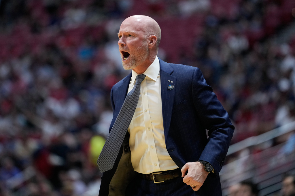 FILE - Villanova head coach Kevin Willard reacts from the sideline during an NCAA college basketball game, March 20, 2026, in San Diego. (AP Photo/Mark J. Terrill, File)