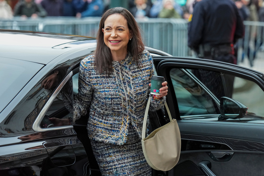 Nobel Peace Prize winner María Corina Machado outside the Grand Hotel in Oslo, Friday Dec. 12, 2025. (Ole Berg-Rusten/NTB via AP)