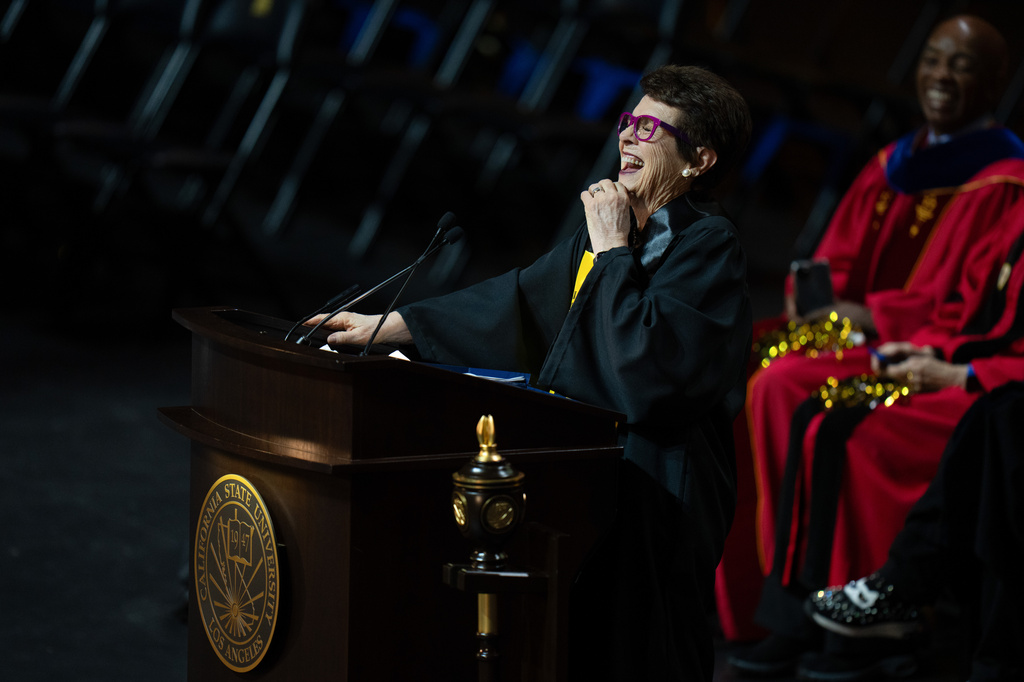 Tennis legend Billie Jean King laughs while delivering remarks before receiving her diploma during California State University, Los Angeles, commencement in Los Angeles, Monday, May 18, 2026. (AP Photo/Jae C. Hong)