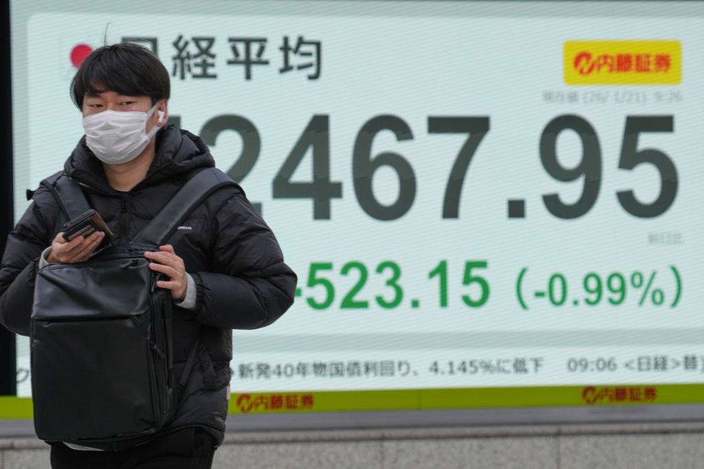 A person walks in front of an electronic stock board showing Japan's Nikkei index at a securities firm Wednesday, Jan. 21, 2026, in Tokyo. (AP Photo/Eugene Hoshiko)