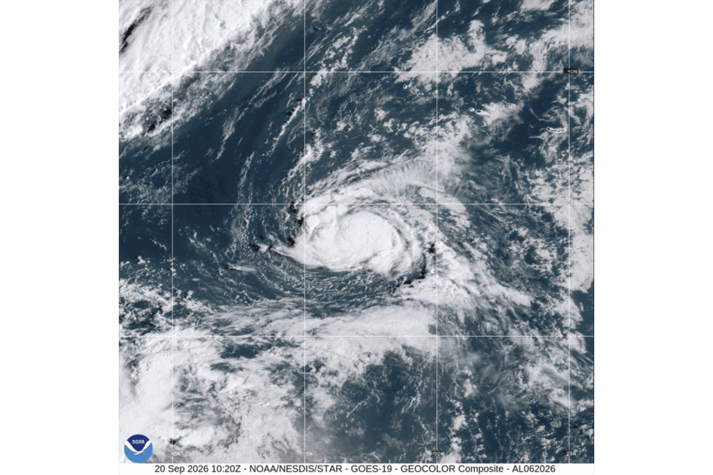 This satellite image from the National Oceanic and Atmospheric Administration shows Tropical Storm Fay, Sunday, Sept. 20, 2026. (NOAA via AP)