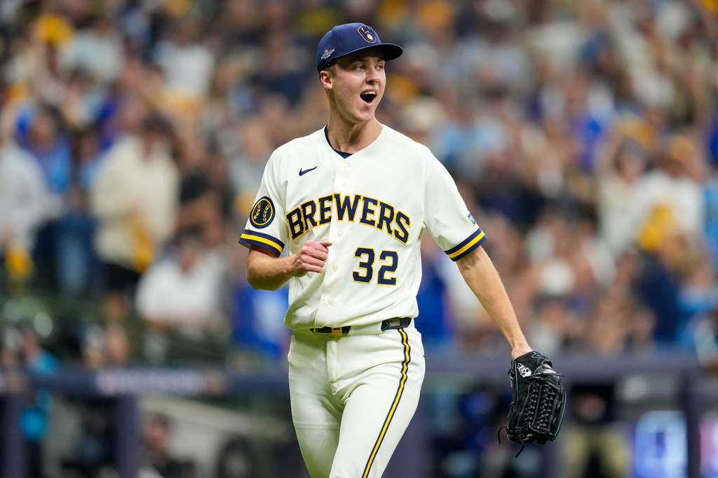 Milwaukee Brewers pitcher Jacob Misiorowski reacts to striking out Los Angeles Dodgers designated hitter Shohei Ohtani during the third inning of Game 1 of baseball's National League Championship Series between the Milwaukee Brewers and the Los Angeles Dodgers, Sunday, Oct. 11, 2026, in Milwaukee. (AP Photo/Ashley Landis)