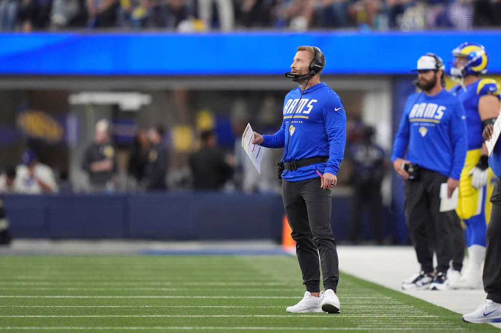 Los Angeles Rams head coach Sean McVay stands on the sideline during the first half of an NFL football game against the Buffalo Bills, Monday, Oct. 12, 2026, in Inglewood, Calif. (AP Photo/Scott Strazzante)