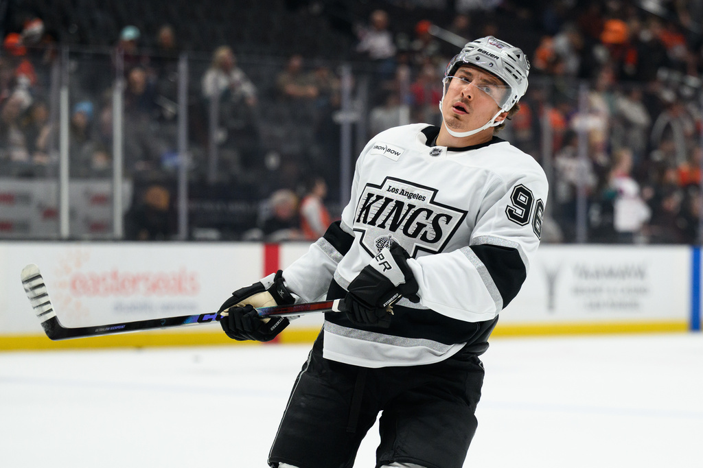FILE - Los Angeles Kings left wing Andrei Kuzmenko skates before an NHL hockey game against the Anaheim Ducks, Nov. 28, 2025, in Anaheim, Calif. (AP Photo/William Liang, File)