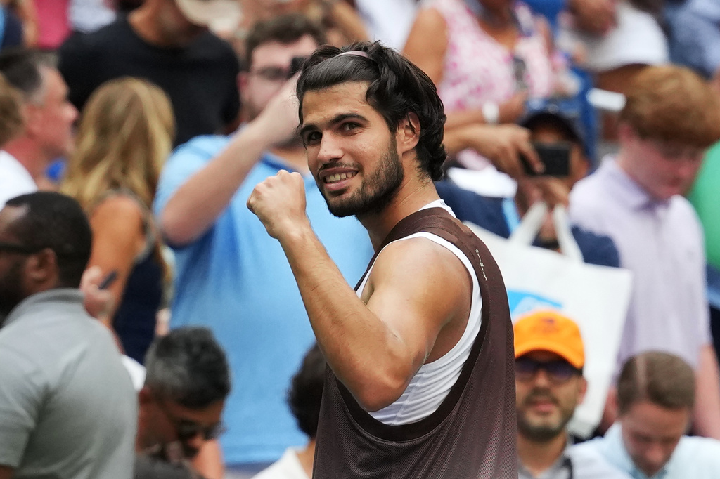 Carlos Alcaraz, of Spain, gestures after he won his match against Wu Yibing, of China, during the third round of the U.S. Open tennis championships Friday, Sept. 4, 2026, in New York. (AP Photo/Kirsty Wigglesworth)
