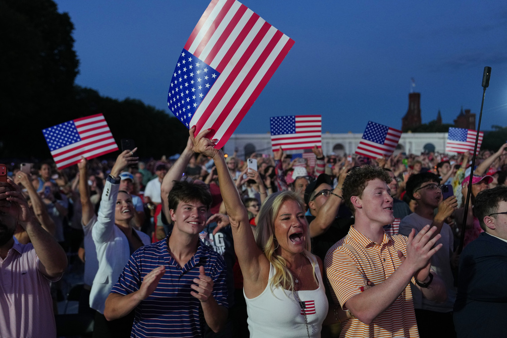 People cheer as President Donald Trump speaks at the opening of the Great American State Fair on the National Mall, Wednesday, June 24, 2026, in Washington. (AP Photo/Julia Demaree Nikhinson)
