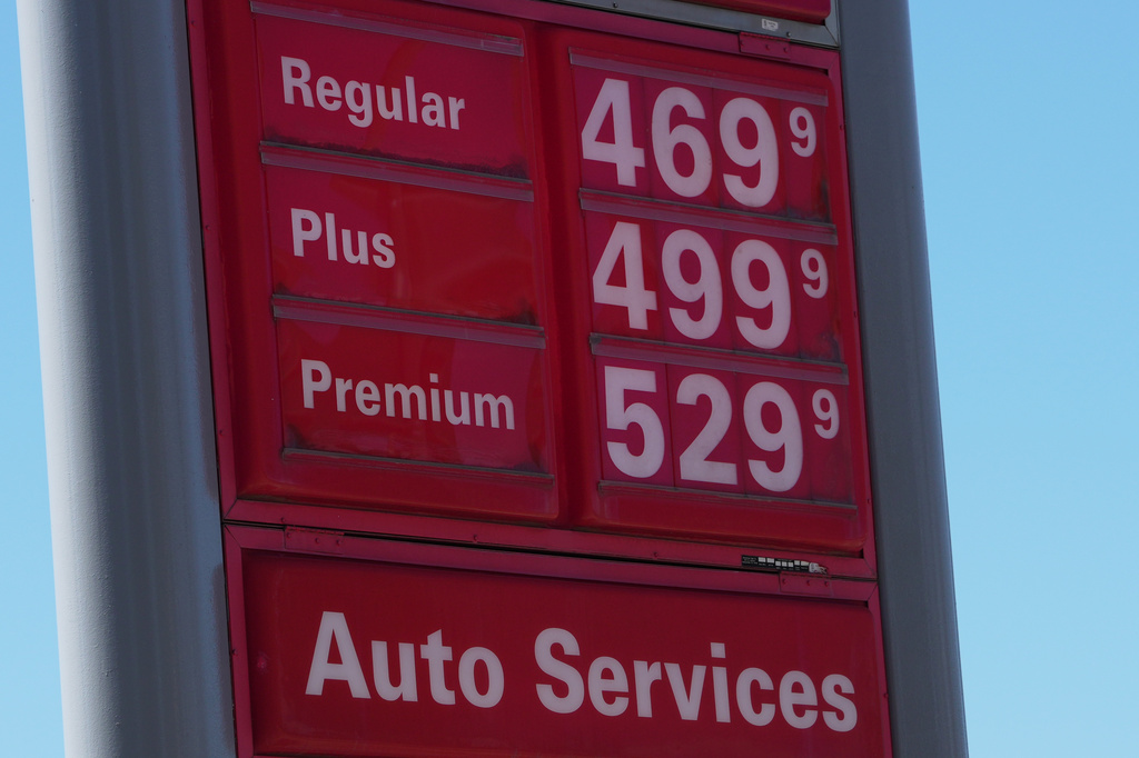 The per-gallon prices for the various grades of fuel available is displayed on a sign outside a Conoco gasoline station Wednesday, Sept. 9, 2026, in Denver. (AP Photo/David Zalubowski)