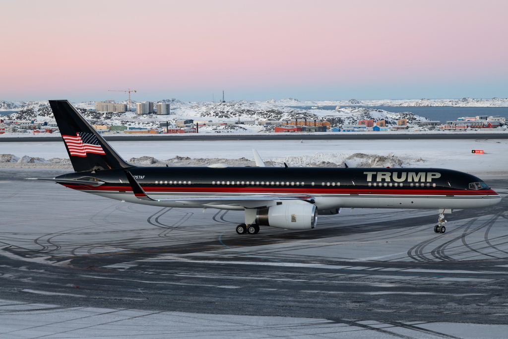 FILE - A plane carrying Donald Trump Jr. lands in Nuuk, Greenland, Jan. 7, 2025. (Emil Stach/Ritzau Scanpix via AP, file)