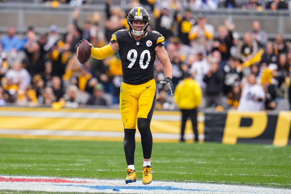 Pittsburgh Steelers linebacker T.J. Watt (90) celebrates after a fumble recovery against the Indianapolis Colts during the first half of an NFL football game in Pittsburgh, Sunday, Nov. 2, 2025. (AP Photo/Gene J. Puskar)
