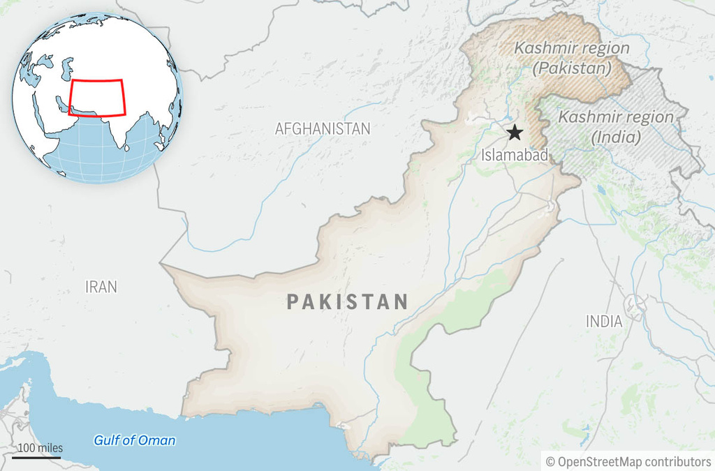 This is a locator map for Pakistan with its capital, Islamabad, and the Kashmir region. (AP Photo)