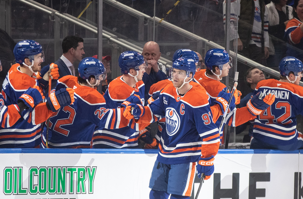 Edmonton Oilers' Connor McDavid (97) celebrates a goal against the Nashville Predators during first period NHL action, in Edmonton on Tuesday, Jan. 6, 2026. (Jason Franson/The Canadian Press via AP)
