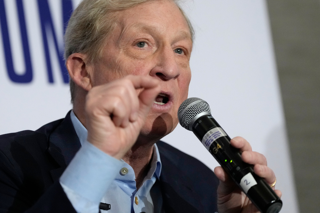 Tom Steyer speaks during a gubernatorial candidate forum in Sacramento, Calif., Tuesday, April 14, 2026. (AP Photo/Godofredo A. Vásquez)