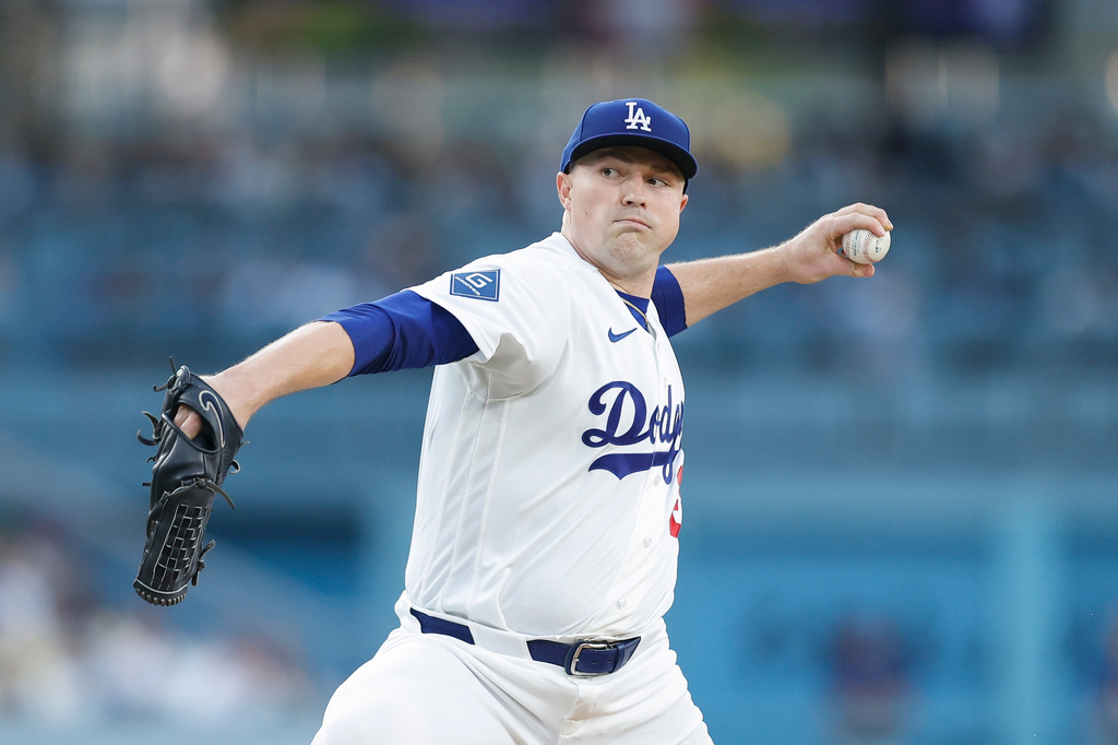 Los Angeles Dodgers starting pitcher Tarik Skubal throws during the first inning of a baseball game against the Kansas City Royals, Monday, Aug. 10, 2026, in Los Angeles. (AP Photo/Caroline Brehman)
