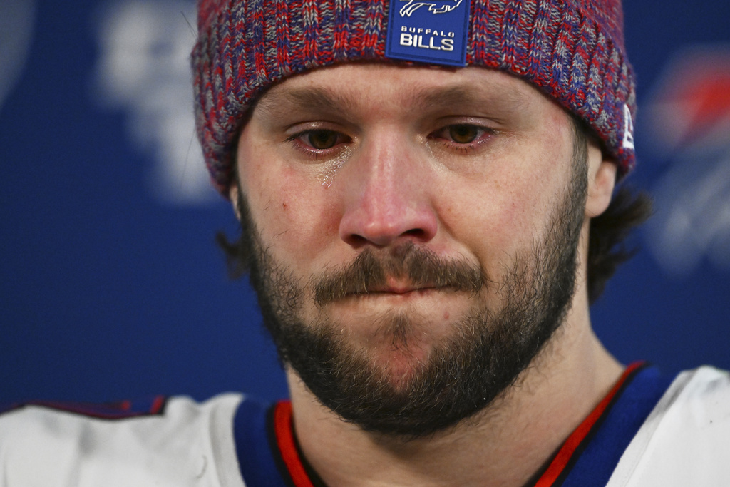 Buffalo Bills quarterback Josh Allen responds to question during a news conference after an NFL divisional playoff game against the Denver Broncos, Saturday, Jan. 17, 2026, in Denver. (AP Photo/RJ Sangosti)