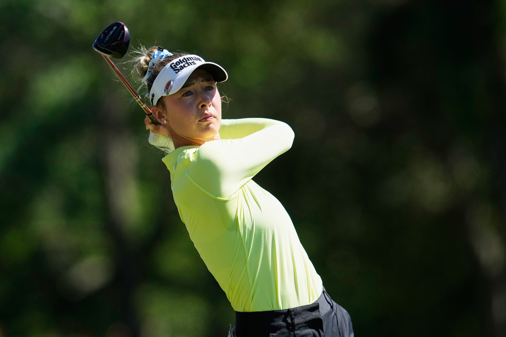 Nelly Korda, of the United States, hits from the third tee during the final round of the LPGA Fortinet Founders Cup golf tournament, Sunday, March 22, 2026, in Menlo Park, Calif. (AP Photo/Godofredo A. Vásquez)