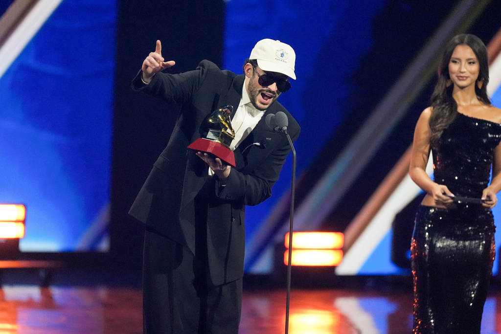 Bad Bunny accepts the award for Album of the Year during the 2025 Latin Grammys on Thursday, Nov. 13, 2025, at MGM Grand in Las Vegas. (AP Photo/Chris Pizzello)