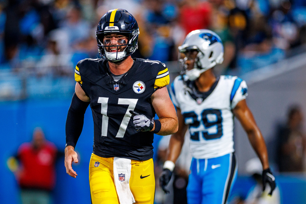 FILE - Pittsburgh Steelers quarterback Skylar Thompson (17) celebrates a touchdown pass during an NFL football game against the Carolina Panthers, Thursday, Aug. 21, 2025, in Charlotte, N.C. (AP Photo/Rusty Jones, File)