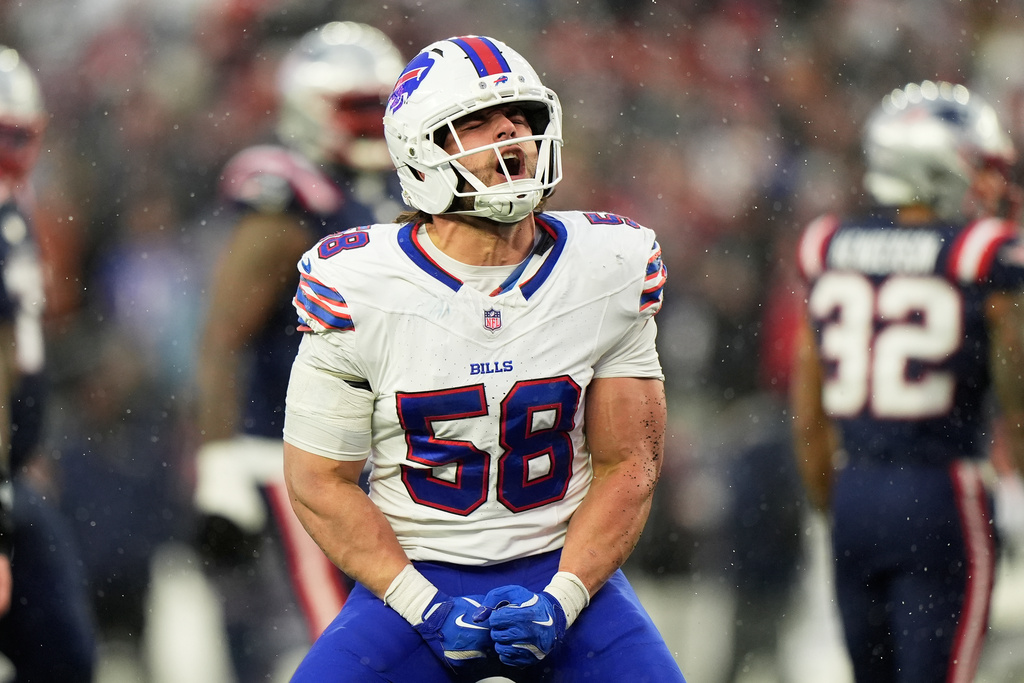 Buffalo Bills outside linebacker Matt Milano (58) reacts after sacking New England Patriots quarterback Drake Maye during the second half of an NFL football game in Foxborough, Mass., Sunday, Dec. 14, 2025. (AP Photo/Robert F. Bukaty)