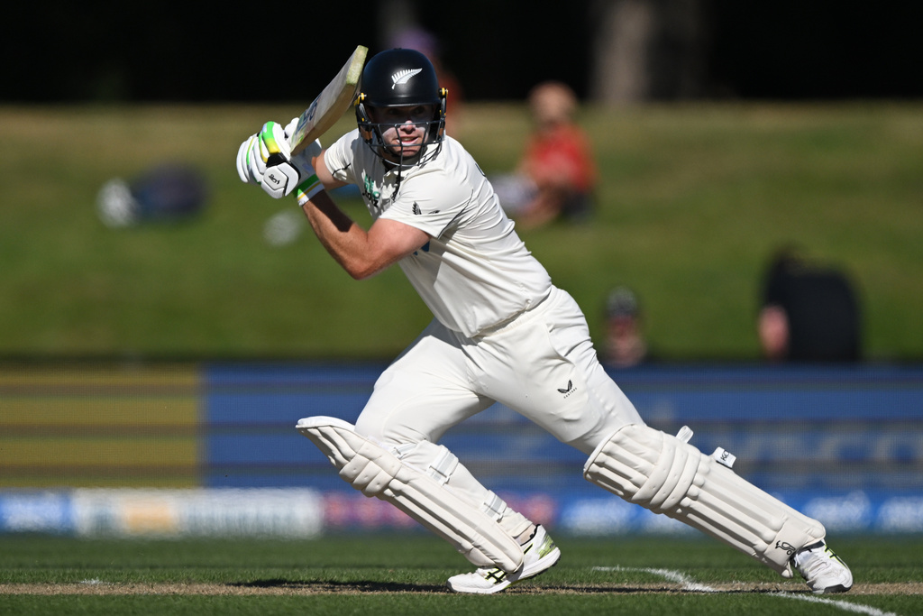 New Zealand's Tom Latham bats against the West Indies on day 3 during their cricket test match in Christchurch, New Zealand, Thursday, Dec. 4, 2025. (Andrew Cornaga/Photosport via AP)