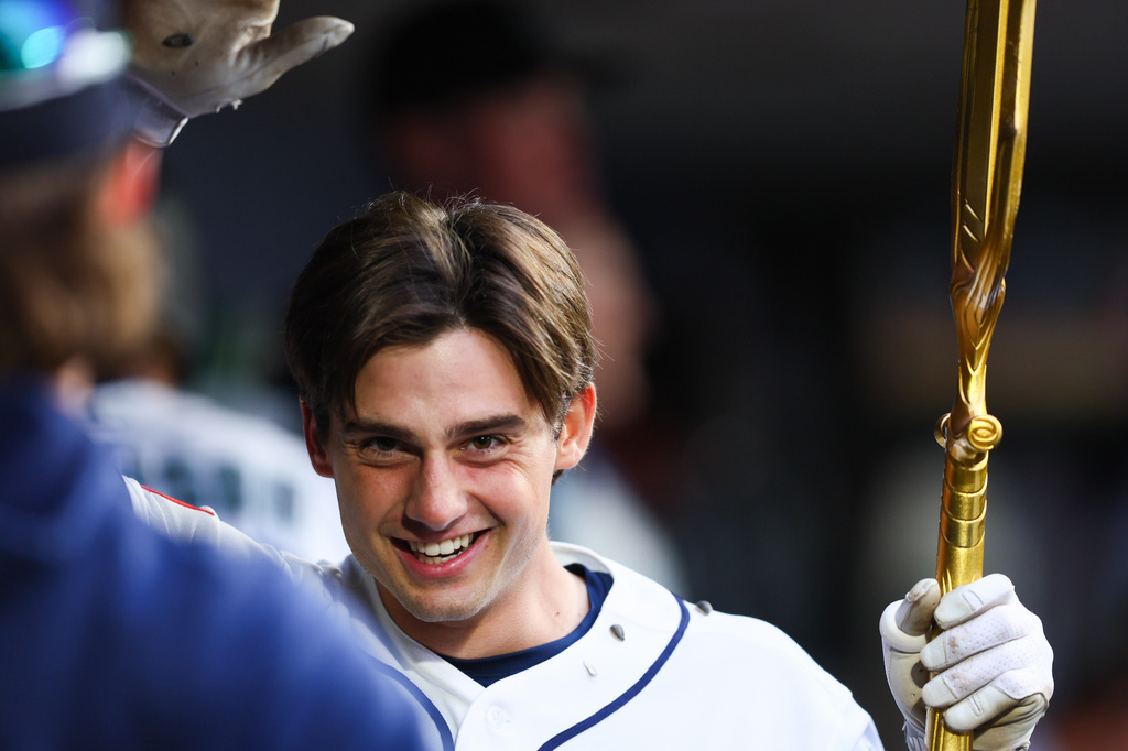 Seattle Mariners' Cole Young reacts after hitting a home run in the sixth inning of a baseball game against the Los Angeles Angels, Monday, June 29, 2026, in Seattle. (AP Photo/Kevin Ng)