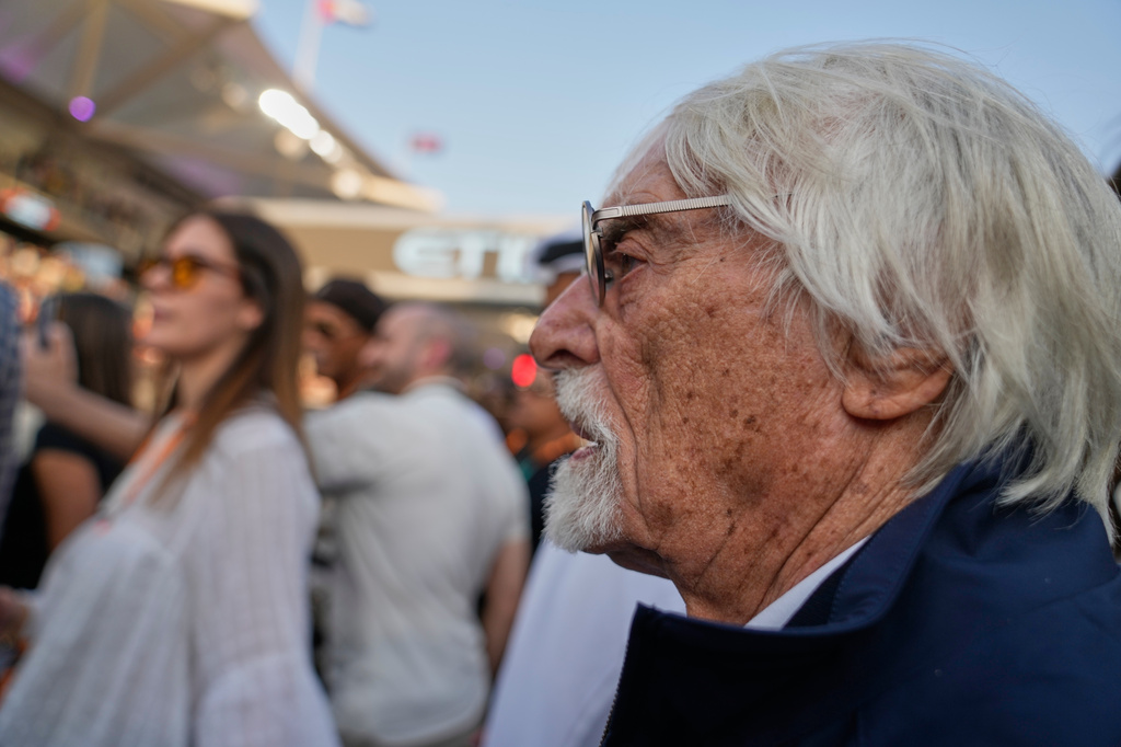 FILE - Former Formula One chief Bernie Ecclestone stands on the starting grid before the Abu Dhabi Formula One Grand Prix in Abu Dhabi, United Arab Emirates, Dec. 7, 2025. (AP Photo/Darko Bandic, File)