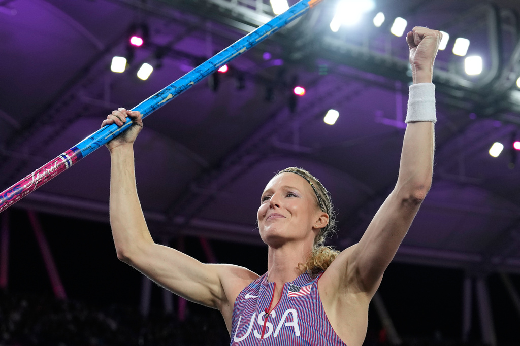 Sandi Morris, of the United States, reacts after winning the women's pole vault final at the World Athletics Ultimate Championship in Budapest, Hungary, Saturday, Sept. 12, 2026. (AP Photo/Matthias Schrader)