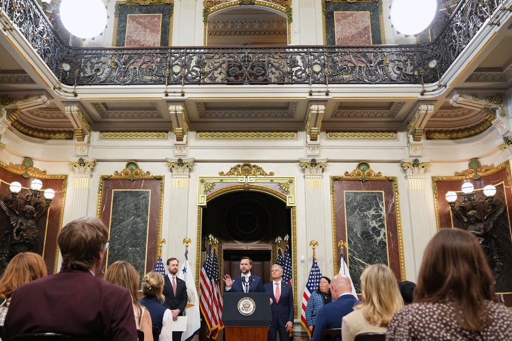 Vice President JD Vance speaks to the media from the Eisenhower Executive Office Building on the White House campus, Wednesday, May 13, 2026, in Washington. (AP Photo/Jacquelyn Martin)