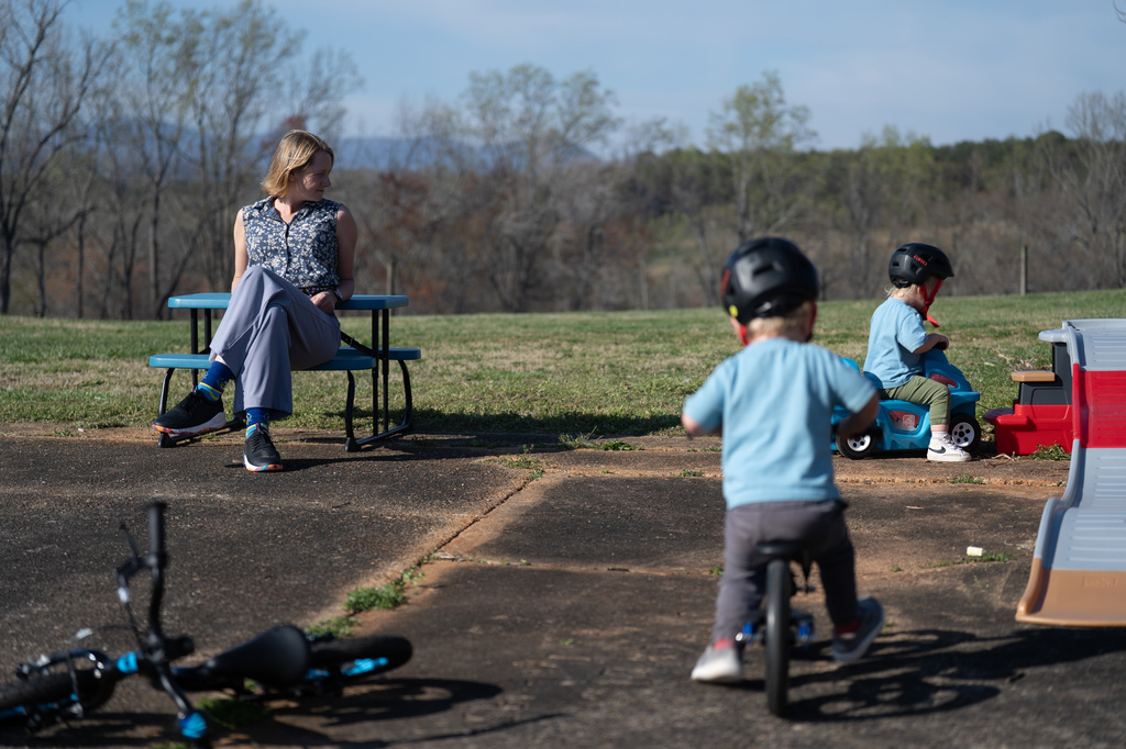 Helen Kaiser watches her sons play at their home in Landrum, S.C., on March 19, 2026. (AP Photo/Mary Conlon)