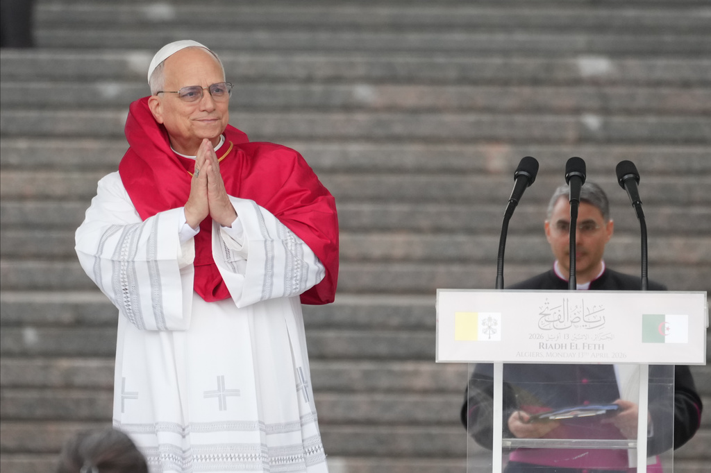 Pope Leo XIV arrives at Maqam Echahid Martyrs' Monument in Algiers, Monday, April 13, 2026, on the first day of an 11-day apostolic journey to Africa. (AP Photo/Andrew Medichini)