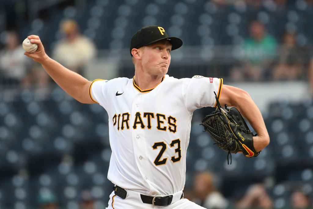 Pittsburgh Pirates starting pitcher Mitch Keller throws a first inning pitch to the Seattle Mariners in a baseball game, Tuesday, June 23, 2026, in Pittsburgh. (AP Photo/Philip G. Pavely)