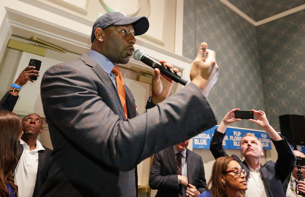 FILE - Former Florida Democratic gubernatorial nominee Andrew Gillum speaks to supporters during a gathering at the Florida Democratic Party state conference, June 7, 2019, in Orlando, Fla. (AP Photo/John Raoux, File)