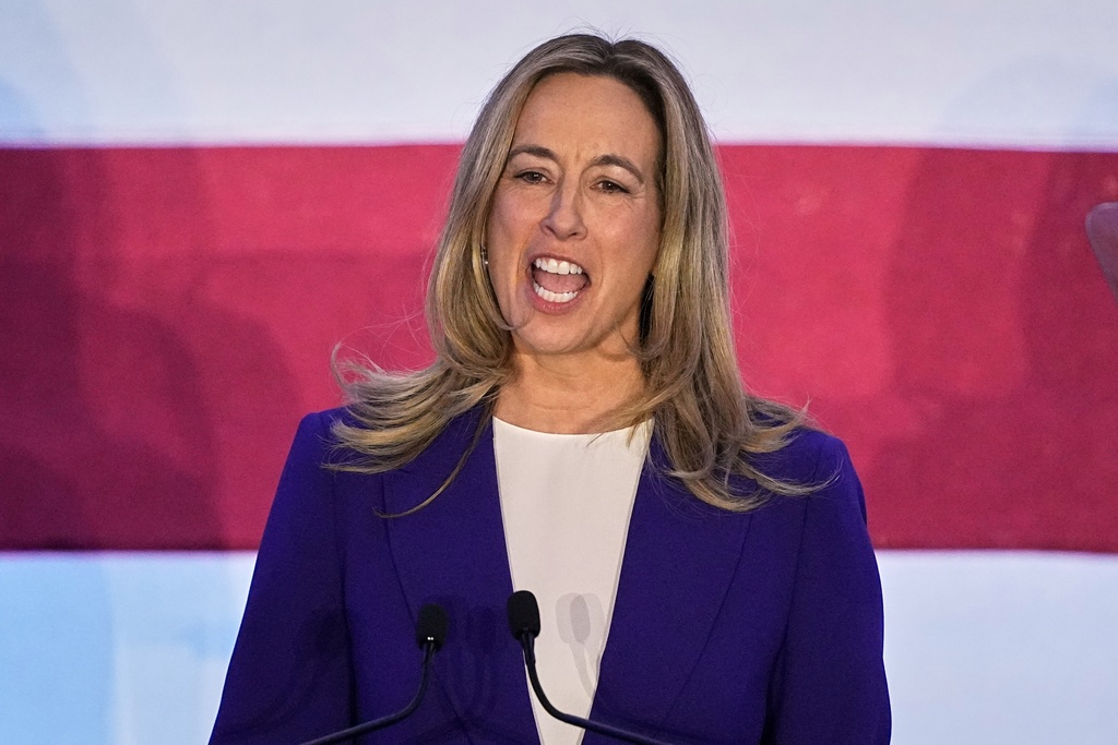 New Jersey Democratic gubernatorial candidate Mikie Sherrill speaks during an election night party in East Brunswick, N.J., Tuesday, Nov. 4, 2025. (AP Photo/Matt Rourke)
