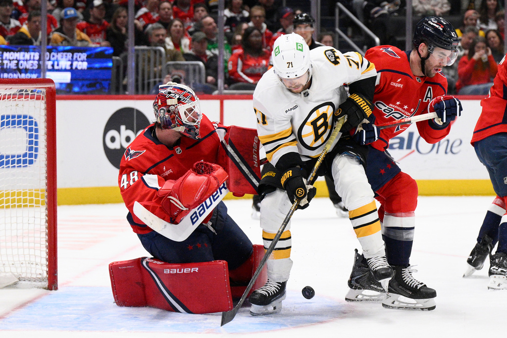 Boston Bruins left wing Viktor Arvidsson (71) battles for the puck against Washington Capitals goaltender Logan Thompson (48) and right wing Tom Wilson (43) during the second period of an NHL hockey game, Saturday, March 14, 2026, in Washington. (AP Photo/Nick Wass)