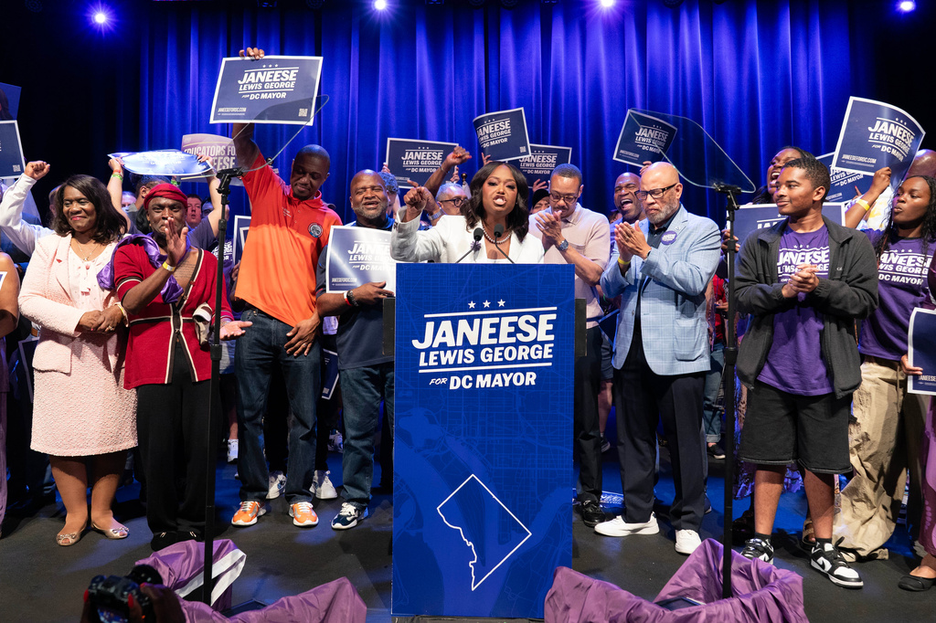 D.C. Council members Janeese Lewis George speaks to the crowd after winning D.C. Mayor Democratic primary election during the Election Night Party at the Howard Theatre Tuesday, June 16, 2026, in Washington. (AP Photo/Jose Luis Magana)