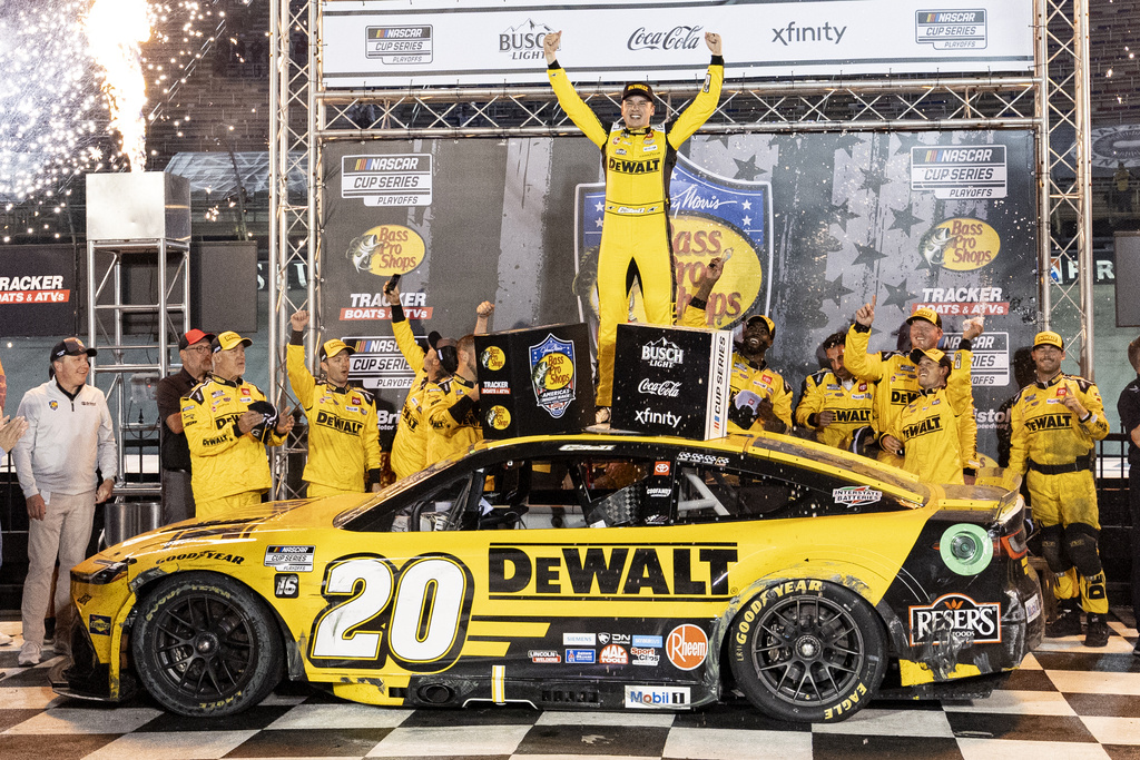 Christopher Bell (20) celebrates winning a NASCAR Cup Series auto race, Saturday, Sept. 13, 2025, in Bristol, Tenn. (AP Photo/Wade Payne)