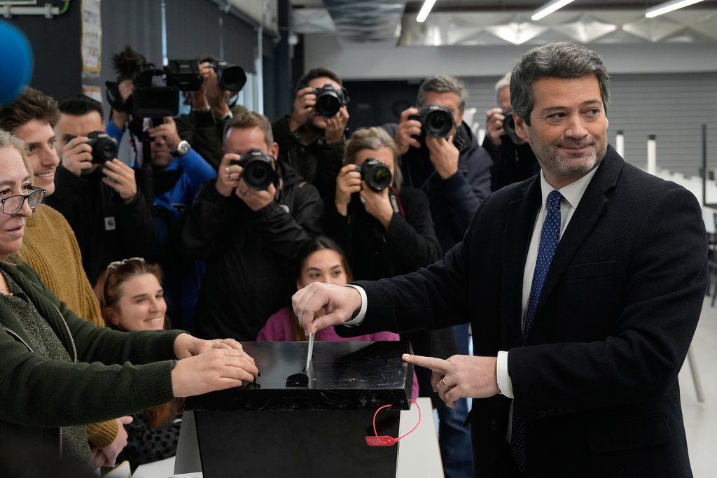 Presidential candidate Andre Ventura, of the populist Chega party, casts his ballot in Portugal's presidential election in Lisbon, Sunday, Feb. 8, 2026. (AP Photo/Ana Brigida)