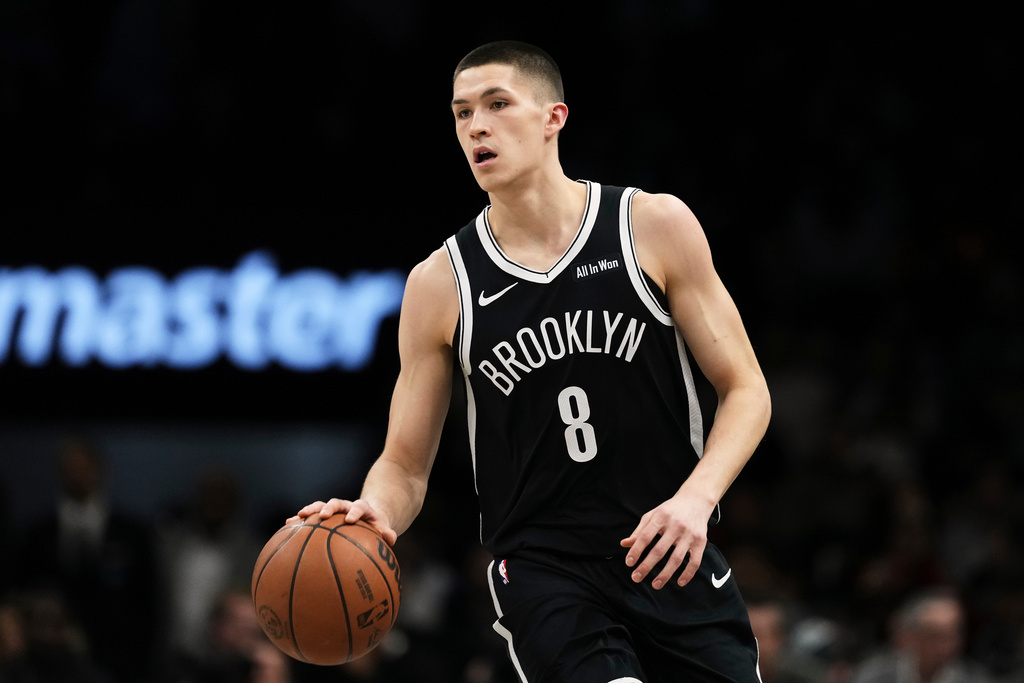 Brooklyn Nets' Egor Demin (8) looks to pass during the first half of an NBA basketball game against the Orlando Magic Wednesday, Jan. 7, 2026, in New York. (AP Photo/Frank Franklin II)
