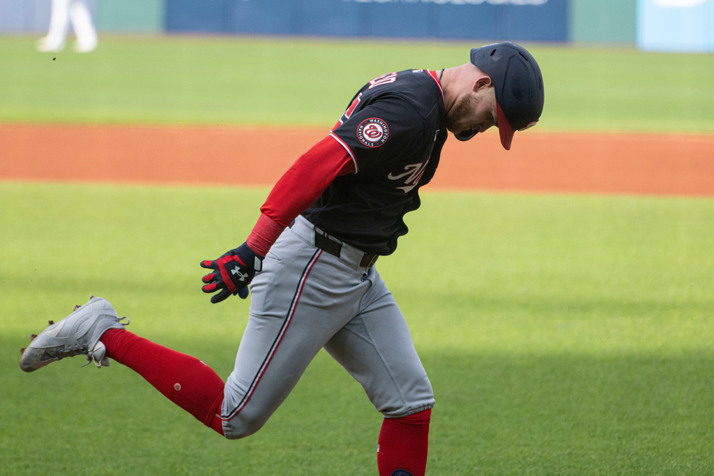 Washington Nationals' Curtis Mead rounds the bases after hitting a two-run home run off Cleveland Guardians starting pitcher Tanner Bibee during the first inning of a baseball game, Monday, May 25, 2026, in Cleveland. (AP Photo/Phil Long)