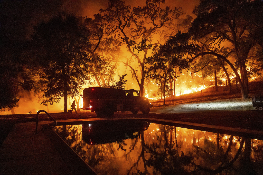 A firefighter battles the Pickett Fire burning in the Aetna Springs area of Napa County, Calif., on Saturday, Aug. 23, 2025. (AP Photo/Noah Berger)